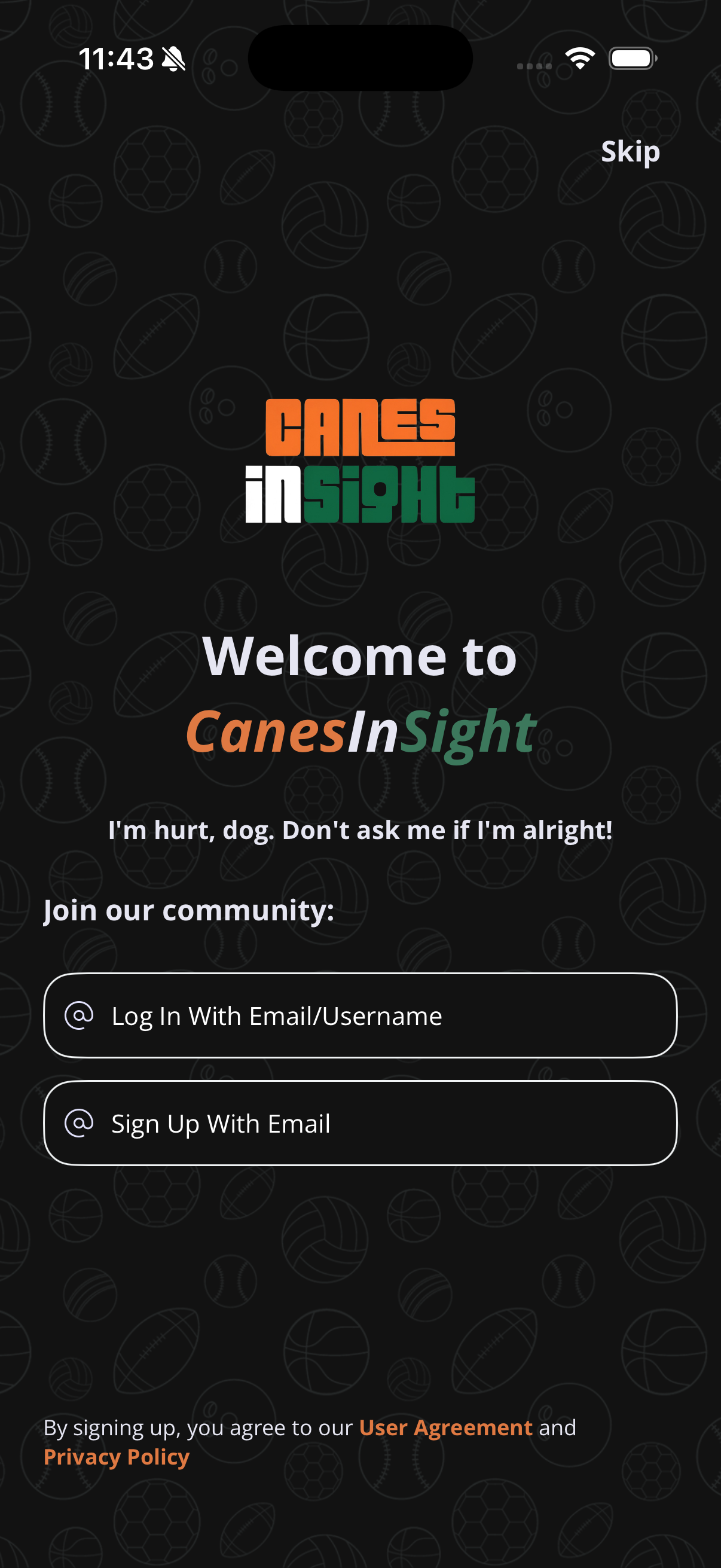 CanesInSight custom branded welcome screen