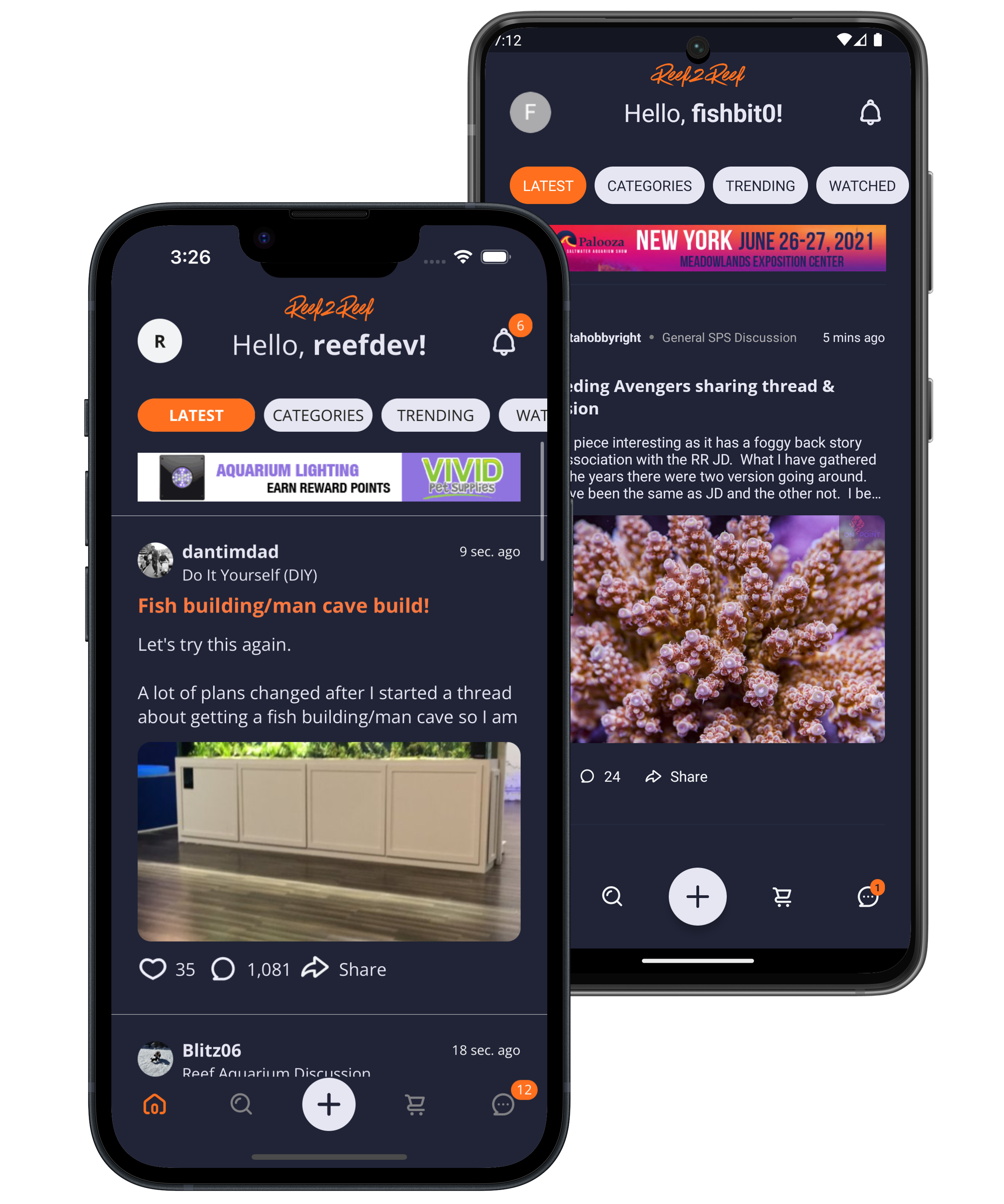 Reef2Reef native app running on iPhone and Android